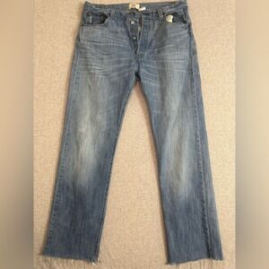 VTG Y2K Levis 501 Cut Raw Hem Jean 36x34 Button Thigh Whisker Fade Cotton